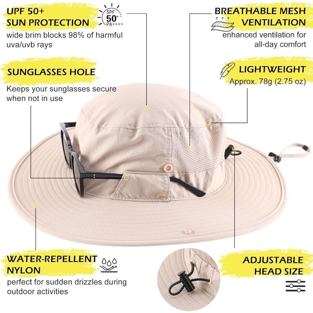 Unisex Light Khaki 100%Nylon Wide Brim Boonie With Chin Strap Classic Bucket Hat - Picture 2 of 6